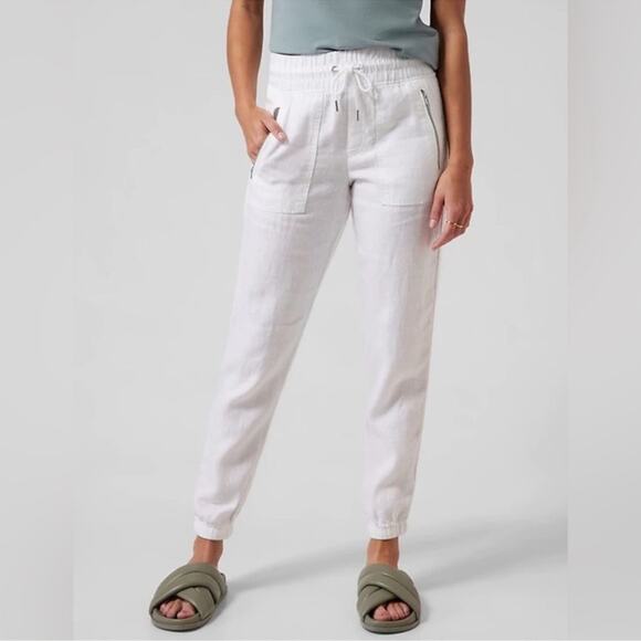 Athleta Cabo White 100% Linen High Rise Cropped Joggers Women’s Size 20 - Picture 2 of 15